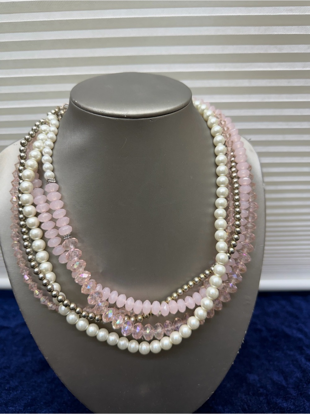 Multi Strand Faux Pearl And Pink, Silver Beads Necklace